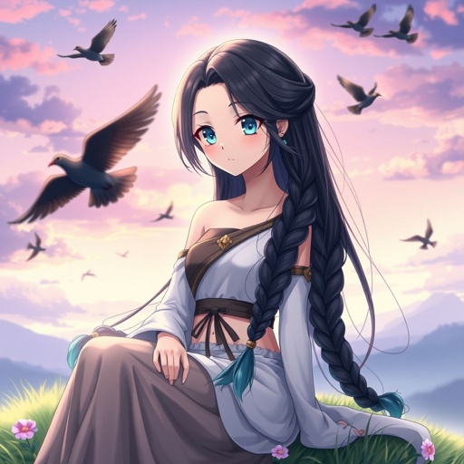 A young female with fair skin and vibrant teal eyes. Black hair with cyan tips in the form of two long braids. Wearing a two-piece goddess outfit (specifically top and trousers exposing a small amount of stomach) sitting on a hill watching pigeons fly from a very far distance