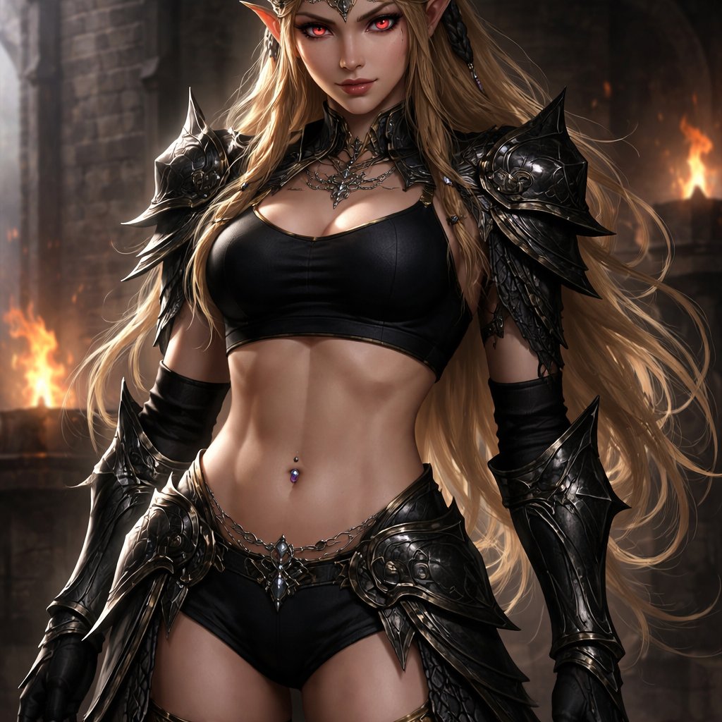 Evil princess Zelda in a sports bra with a navel piercing chain and black armour on her legs and shoulders