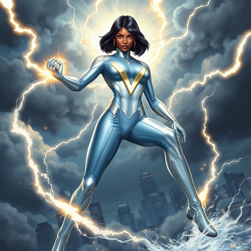 African American female superhero with hair  in a shoulder length side part hairstyle with pure Gold glowing eyes wearing  a leather light blue white and silver suit with light blue pants and silver boots and a V as her chest emblem controlling a storm in Philadelphia 