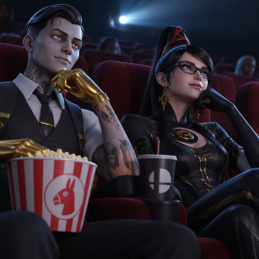 Midas from Fortnite and Bayonetta from super smash bros in a movie theater