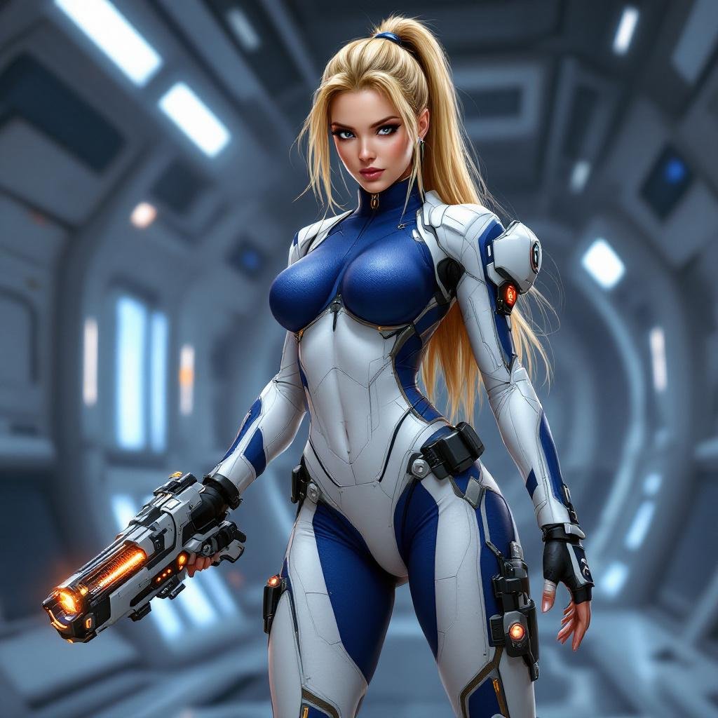 Full Body Mass Effect Babe wielding an Omni tool synthweave and Organza indigo amd white tight spy catsuit blonde ponytail