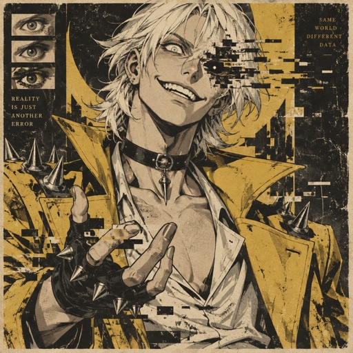 Male, cheekbones, white hair, smooth on top spiky on the bottom, neck length, white eyes, yellow trench coat, metal spike shoulder pads, black choker, low cut white shirt, fingerless gloves with spikes, insane smile, glitch powers, one missing glitchy eye, slim