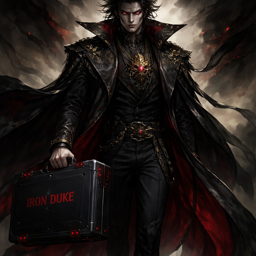 ⸻ He stands tall with an imposing, almost predatory presence — his skin pale white, smooth but marked with sharp shadowing that makes his features look carved from stone. His grin is wide and unsettling, stretching across his face with a confidence that borders on madness. His hair is messy and unrestrained, thick strands falling wildly around his face and jutting outward as if charged with static energy. It gives him a chaotic, untamed aura — like he’s constantly on the verge of action. He wears the same dark, flowing outfit — a heavy, draped coat that hangs over his shoulders with dramatic weight. The interior lining carries subtle red accents, visible at the collar and seams, giving the black fabric a dangerous edge. Around his neck and wrists are gold jewelry pieces — thick chains, a medallion engraved with a fierce emblem, and solid gold rings that glint against his pale skin. The gold contrasts sharply with the dark clothing, symbolizing both wealth and dominance. His right hand grips the handle of a sleek, matte black case. The metal handle is darkened steel, sturdy and industrial. Across the face of the bag, written in bold, sharp red lettering, are the words: IRON DUKE The red text looks almost branded into the surface — striking and powerful against the black finish. There is no numbering or extra markings on the side — just the man, his presence, and the case. He radiates authority, chaos, and calculated power — the kind of figure who walks into a room already owning it.