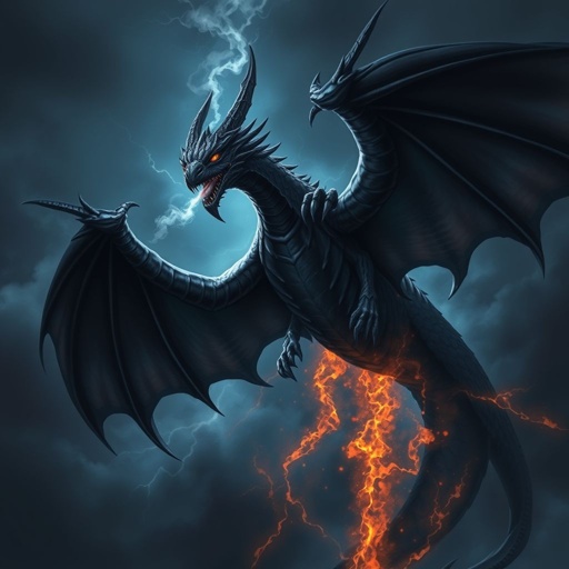 Big black wyvern about to fire whilst flying 