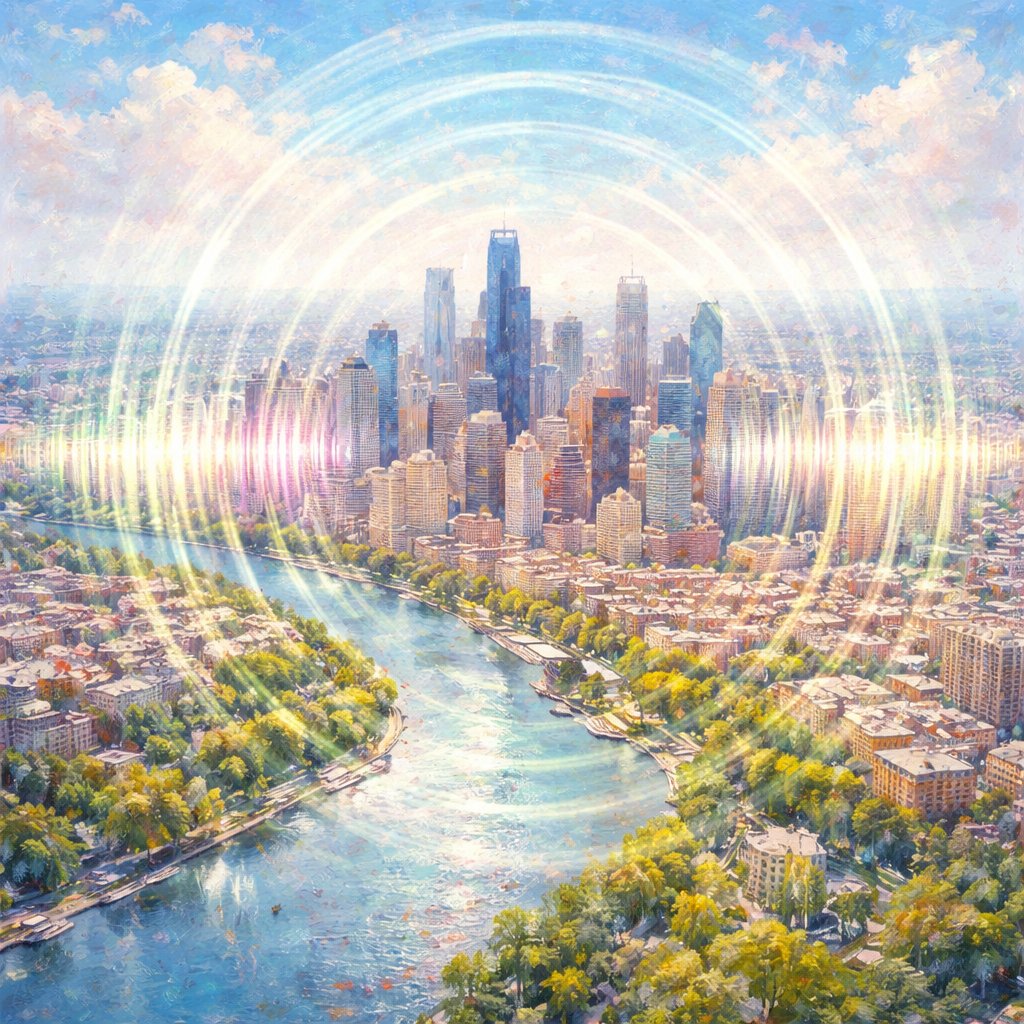 Drone view color Sound waves travelling across the downtown of a city on a bright beautiful day. no water.