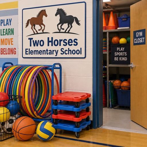 Two Horses Elementary School, Colorful Gym Hoops, Gym Closet, Colorful Gym Skateboards, Gym Sports Ball, Volleyball Colors, Basketball Colors