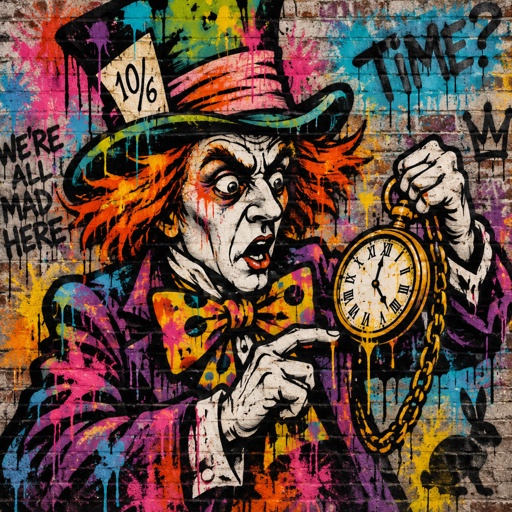 The mad hatter is checking his pocket watch that is going crazy