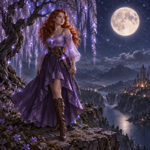a woman in a purple dress standing on a cliff