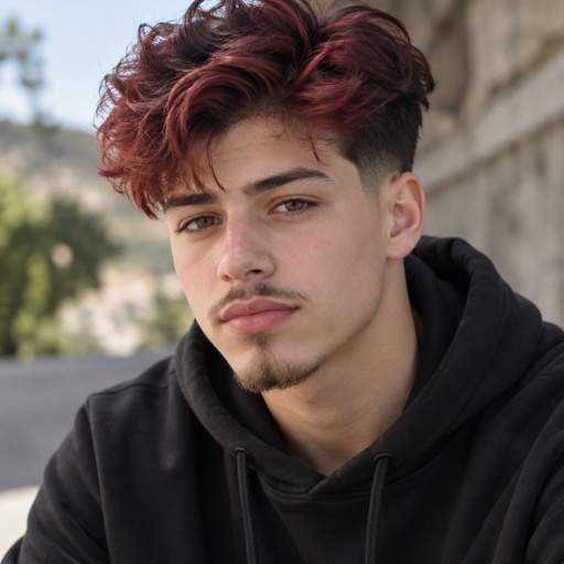 Petit Goatee Beard Pencil Mustache Teen Boy Brownish Red Ruby Black Fade Hair Skin Ivory 