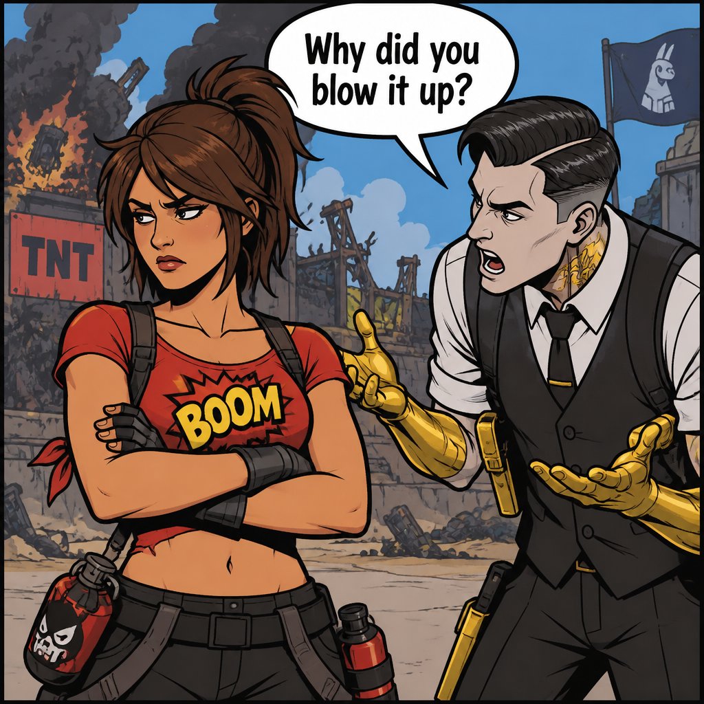 TNTina from Fortnite brown hair arms crossed annoyed face, Midas from Fortnite yelling at her, why did you blow it up