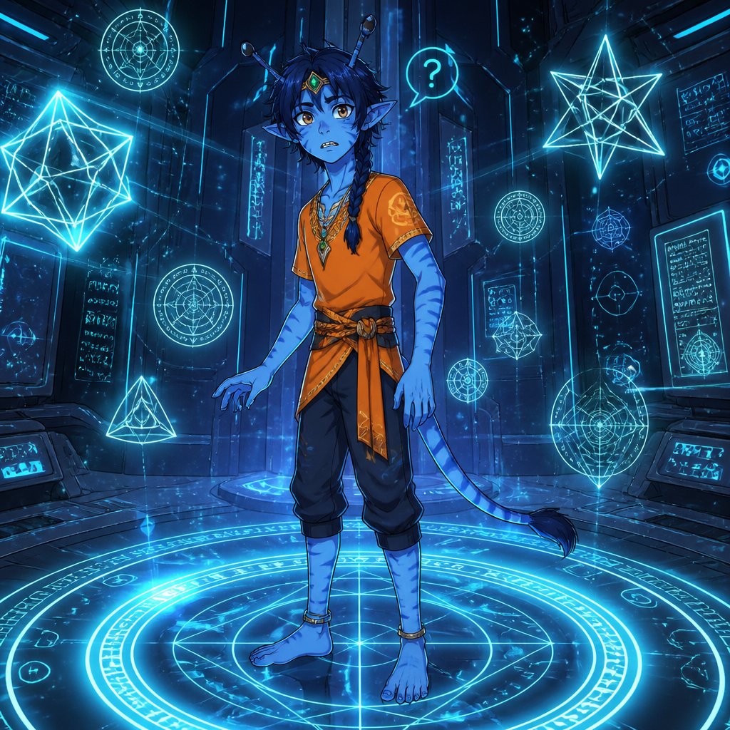 Anime Alien teenage prince with light blue skin and a slightly darker blue stripes, slim body brown eyes really dark blue hair messy and in a braid two antennae and sharp teeth small golden band around head with a green stone in the middle wearing an orange shirt, currently in a secret facility he is curious and confused He was taken in by a secret facility when they found him he is confused and a little scared he is also curious of the human world and ask lots of questions he doesn't answer to them about where he comes from or how he got there he only says that he just suddenly appeared on earth no other explanation which annoyed the people more he wants to get out and see more of the world but is not allowed to he has powers he could use but doesn't have full control and wants to show he is trustworthy and means no harm full picture