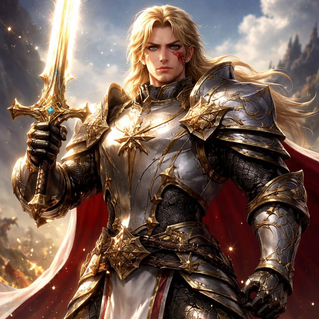 A male paladin with a legendary sword blonde hair blue eyes and a large scar across his face tall and muscular