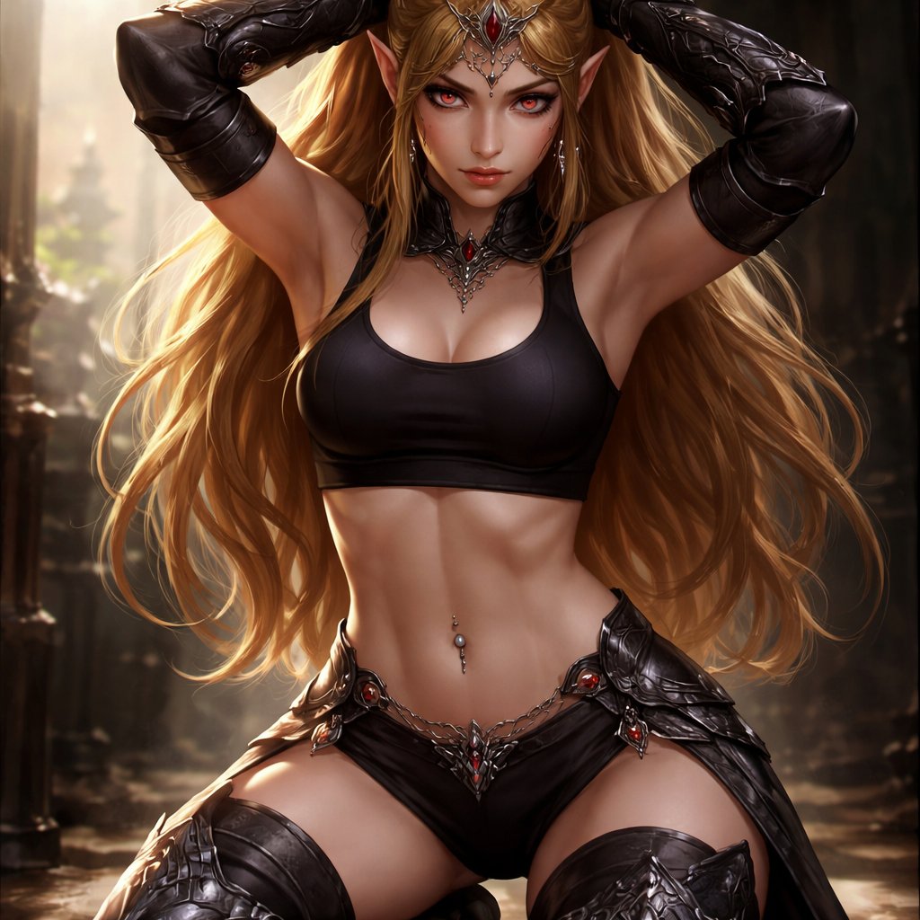 Evil princess Zelda in a sports bra with a navel piercing chain and black armour on her legs and shoulders holding her hair back and kneeling