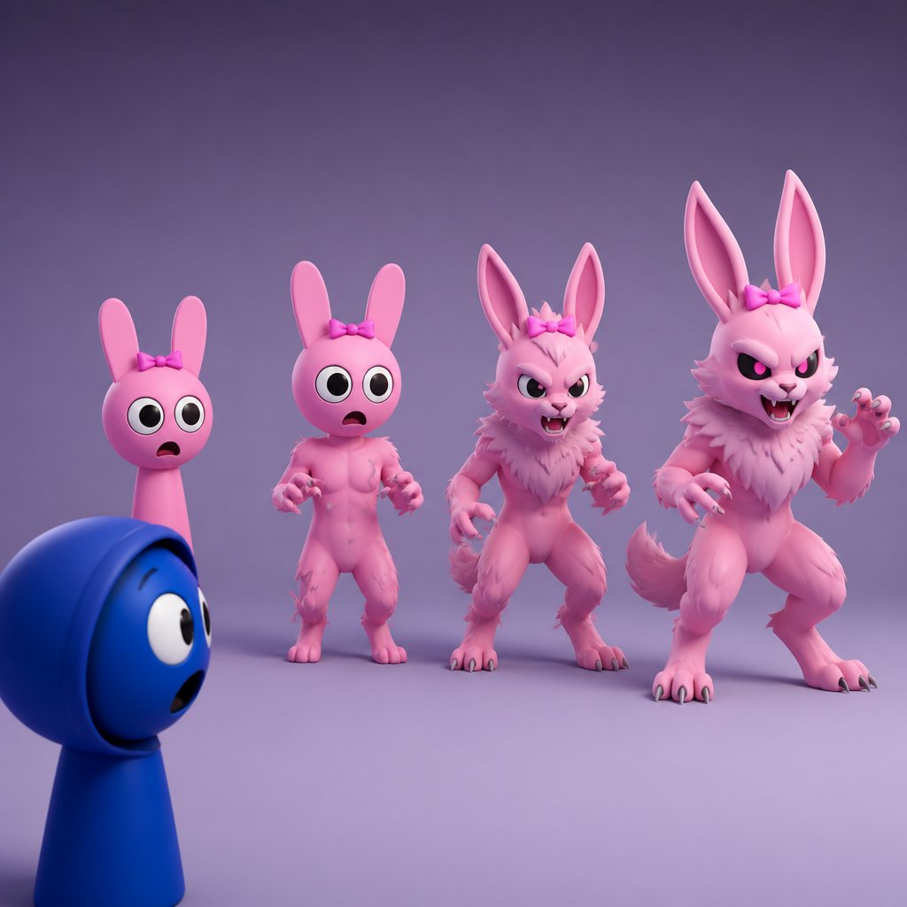 Pinki from sprunki starting to turn into her kind Wererabbit self in front of Jevin from sprunki with her legs and tail transforming and then her arms and then her ears and her neck gets fluffy and then she’s fully transformed with her eyes being black and pink