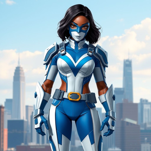 A teenage African American female superhero wearing a domino style mask with slightly curly hair in a shoulder length side part style wearing a armored White and blue suit with blue pants and a stylized V as her chest emblem a utility belt and blue boot heel less standing in Philadelphia