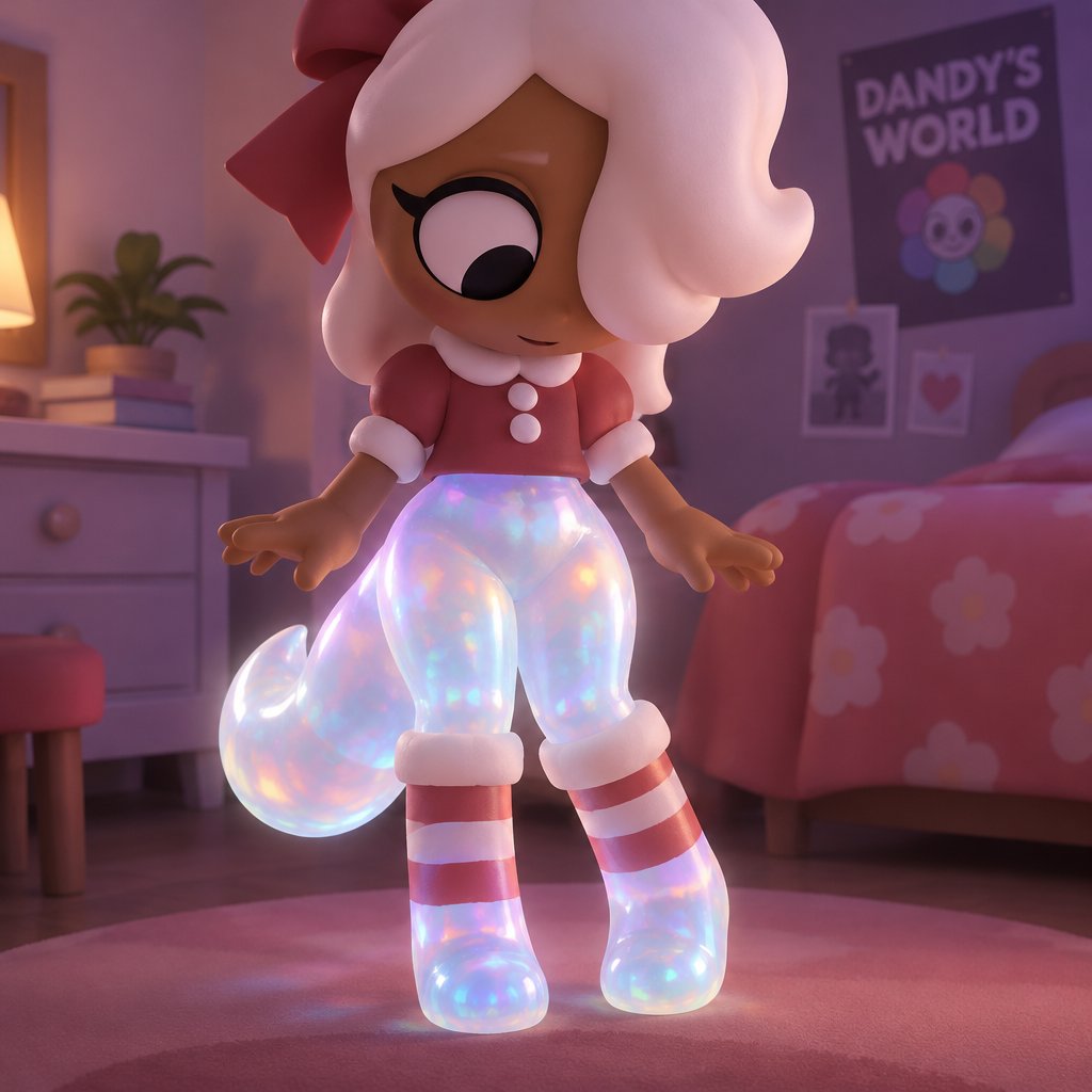 Ginger from Dandys world in her room noticing that her body is starting to turn into opalite but she isn’t scared because her legs and hips and waist and the top of her Christmas socks are already turned into opalite with her also noticing that she has a opalite tail a clear sign that she’s turning into a Opalite werewolf