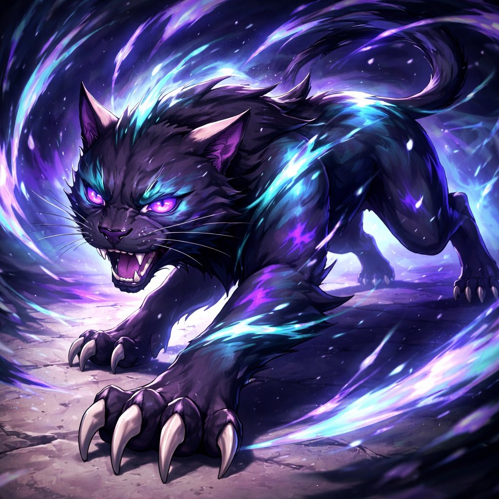 A teal, purple, and black panther