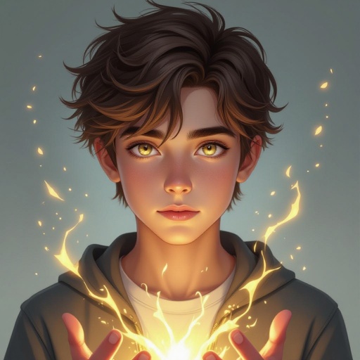 Teen boy brown hair with golden eyes and mysterious with mysterious powers