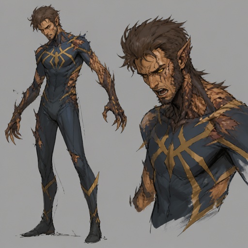 Male superhero with the ability to transform into a beast, cool costume, thin, stubble, brown hair, unstable