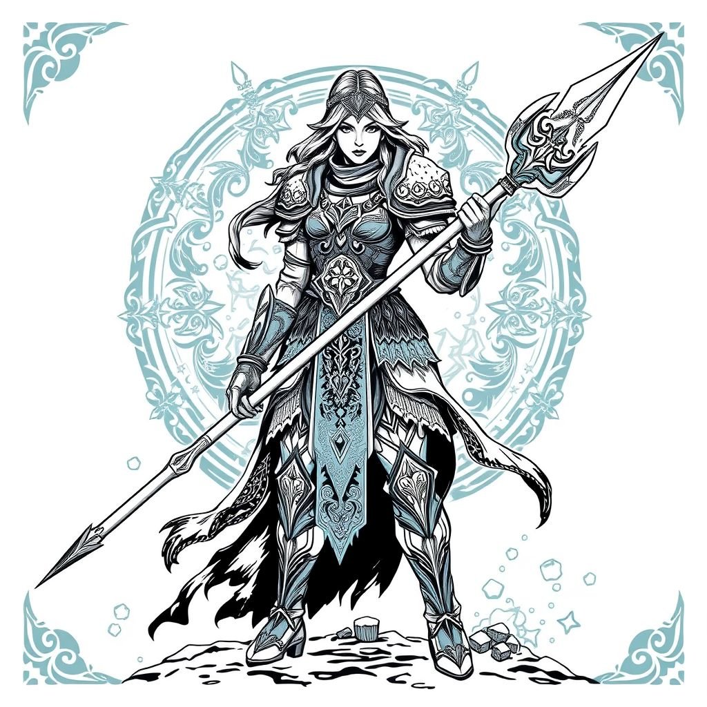 Create a battle woman hero called Alvara the Frostheart. Show full body head to toe including shoes