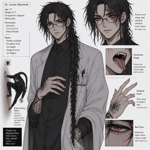 Anime male,hair messy long braided hair,clean shaven,highly skilled tall,in late 20s,migraines, is sarcastic,red glowing eyes,one eye is severely damaged,serious face,been experiment on for many years until finally found and rescued ,hates people,has power to control spiders make traps poison and crawl on walls and ceiling dangerous,glasses,wears a loose jacket a nice shirt fully covered ,loves spiders, nice big earrings,tattoos on arms, agrees to help people but on his terms,doesn't remember anything from his past before except the experiments, long scary fingers, spider fangs, traumatized 
