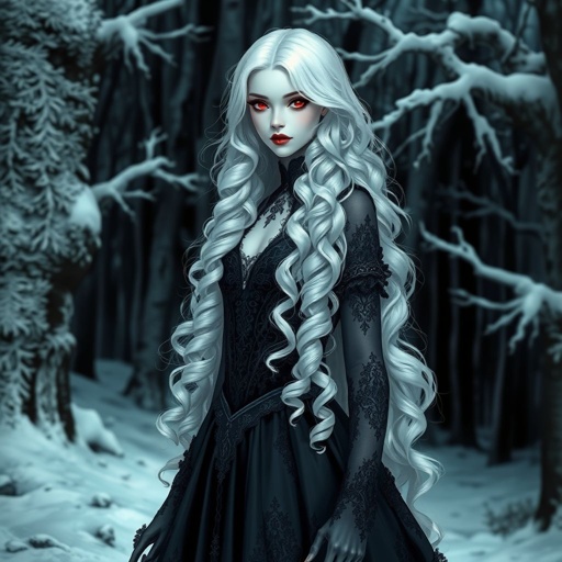 Female albino vampire with long floor length curly white hair wearing a gothic dress in a snow covered dark forest