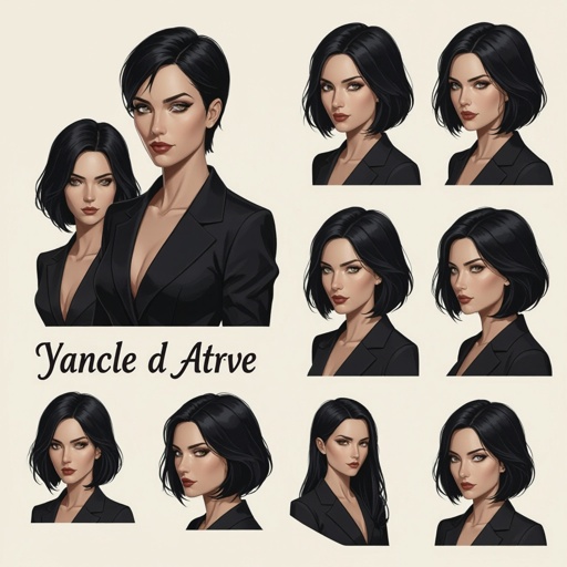 Show character head to toe. Create a mid age mysterious woman jet-black hair is cut sharpand her eyes seem to pierce through darkness. A shadowy aura clings to her form,