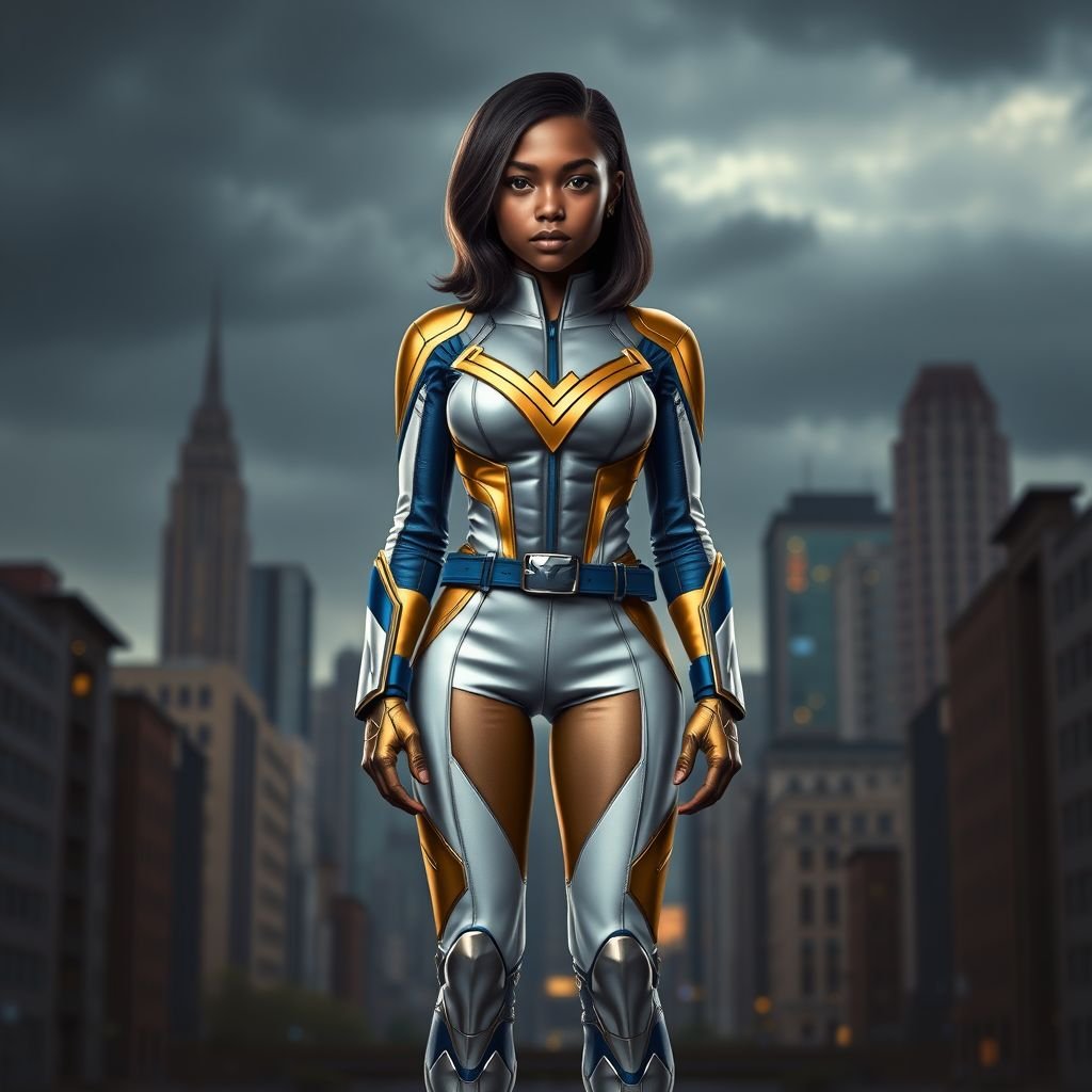 A teenage African American female superhero with hair in a shoulder length side part style wearing a partially leather white and Gold suit with blue accents and a stylized V as her chest emblem a utility belt and silver boots standing in Philadelphia during a cloudy day 