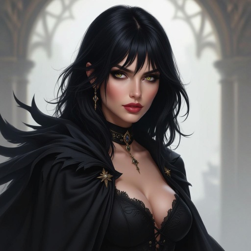 Show character head to toe. Create a mid age fantasy woman jet-black hair is cut sharpand her eyes seem to pierce through darkness. A shadowy aura clings to her form,