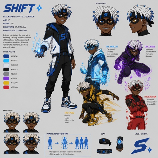 Male superhero with reality shifting, African American, teenager, headband, mask, white dreads blue tips, heterochromia, braces, multiple of the same character 