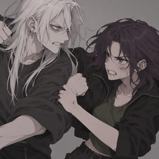 Anime style, male, name kai, highly skilled in fighting all fighting styles and weapons,long white hair half in face, dark bags, white skin, earrings, history unknown,casual clothes, Female, name is Beth, medium wavy dark purple hair, gray eyes, short, open jacket with a dark green shirt, there fighting,looking at each other Beth with an angry face and Kai both are glaring, Beth is a agent,trying to get Kai to come with her with out making a scene