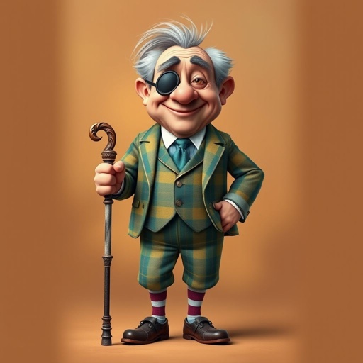 Create a funny old character who has 1 eye patched. Make him fat with a cane. Show his whole character head to toe in image 