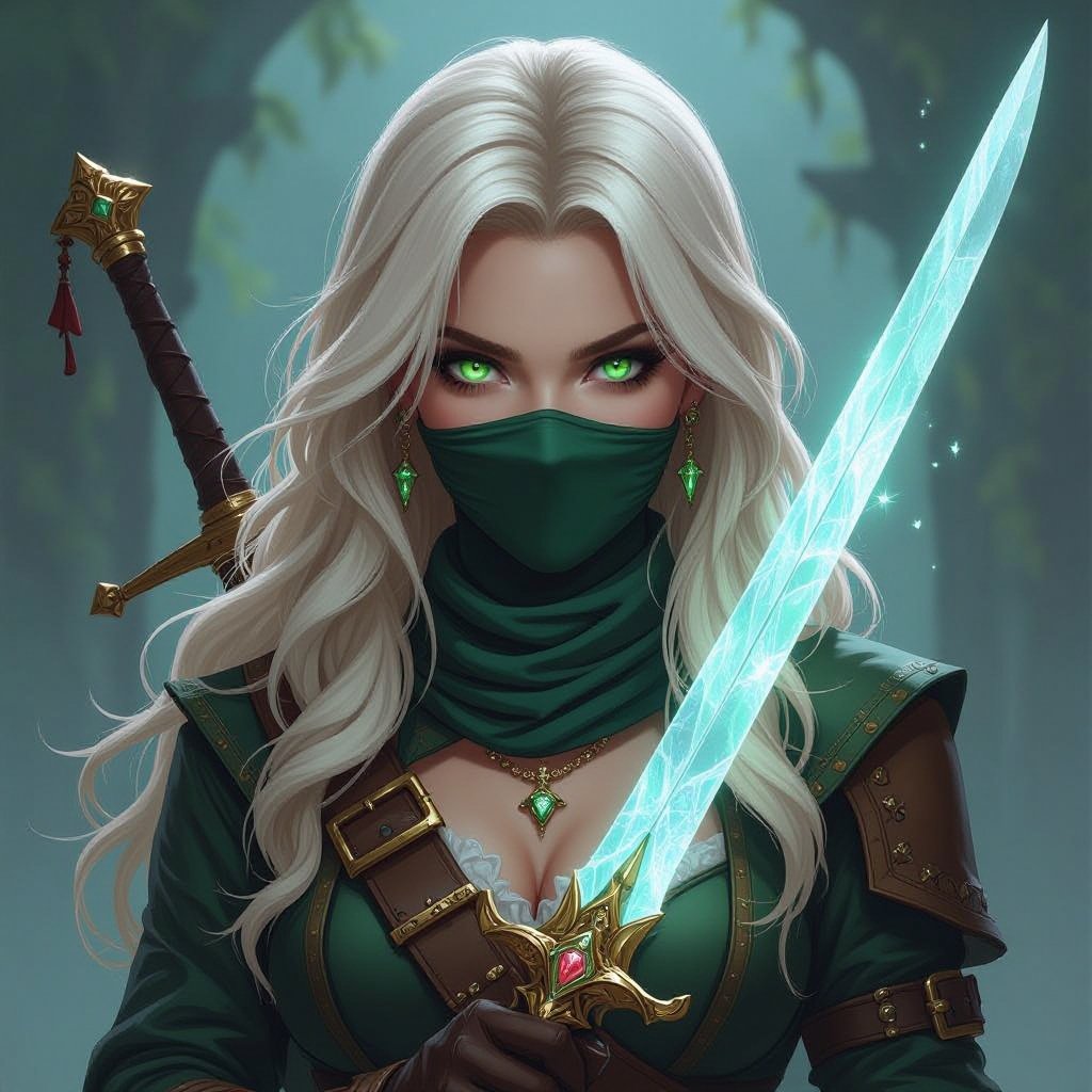 5’7” tall blonde hair almost white bright green eyes human keeps face covered 130 lbs Ghost form tattoo on right arm Duel wielding crystal rapier blades rouge pirate captain