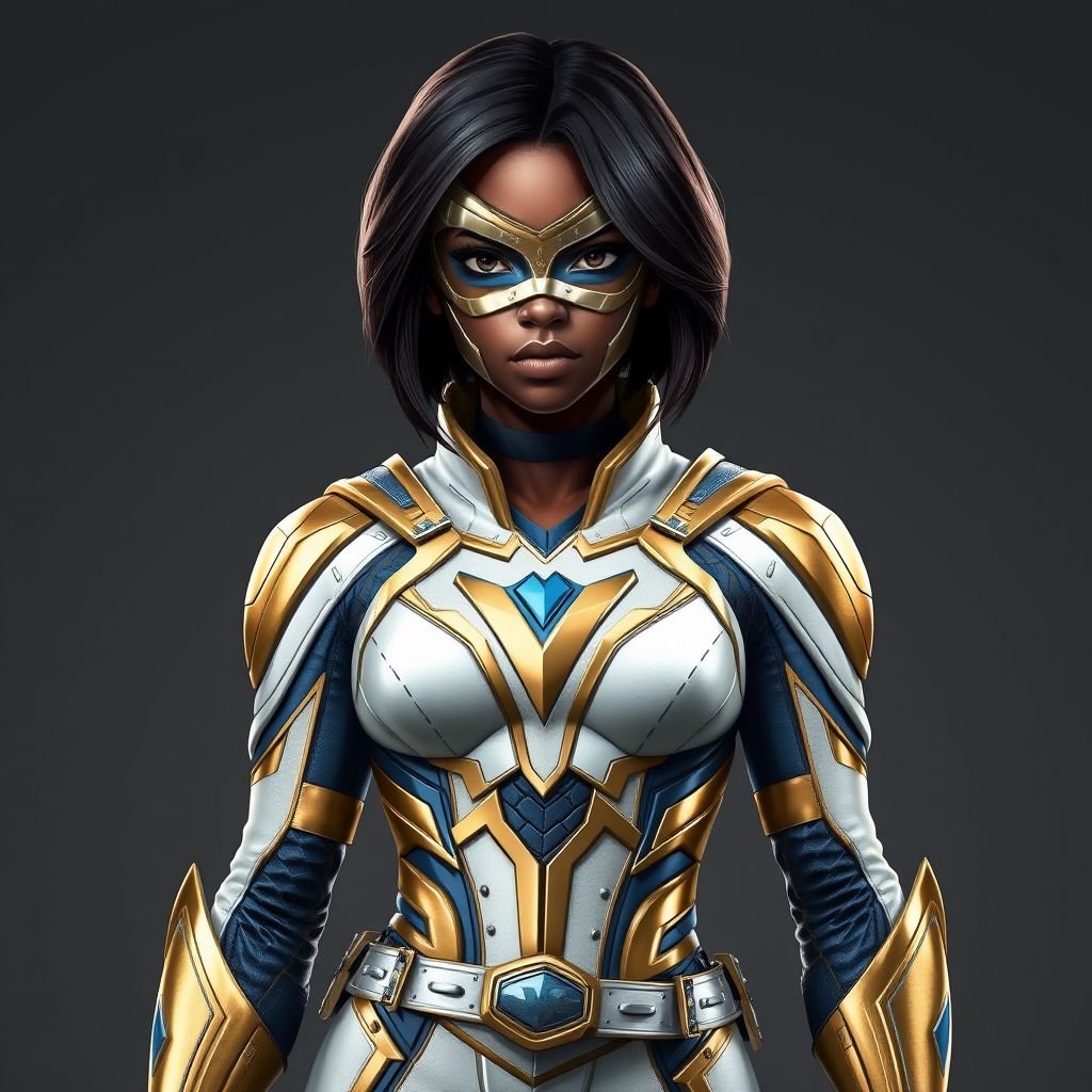 A teenage African American female with shoulder length hair  in a side part style superhero  wearing an armored MASK and a slightly armored white and gold suit with white pants and blue accents and a stylized V as her chest emblem a utility belt and gold boots