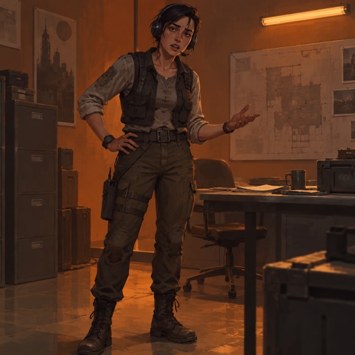 Late twenties woman, compact athletic build, not slight. Dark hair cut short so a headset does not fight it. Open tired eyes, mouth that closes on a word. Vest over a already-worked shirt, scuffed boots, no rank flash. Wrist slightly tense. Standing in a windowless sodium-lit office or cold field weather. Fortiche painted style, realistic cloth, faces that hold feeling.