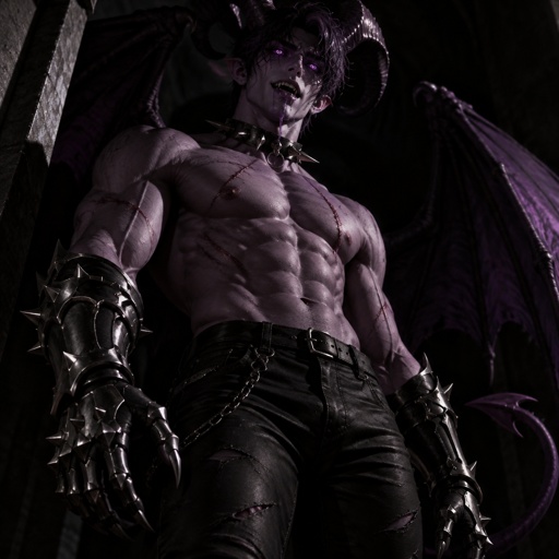 has a six pack is 8 feet tall eyes are purple and pupils are heart shaped. His nipples are heart shaped. His nipples are pierced. Ears pierced. Ears are slightly pointed has clause They are purple is wearing extremely tight, black jeans, showing a visible bulge has scars all over his body is wearing iron gauntlets with pentagrams on them has purple saliva dripping from his mouth has sharp teeth has extremely dark purple demon, wings, demon horns and demon tail. His demon tail is 4 feet long. His demon horns are 8 inches long and his demon wings are 10 feet wide. He looks extremely slim and slightly malnourished has a very pale purple color to his skin that you can barely tell that it’s slightly purple is wearing no shirt and has a spiky collar made out of titanium around his neck.