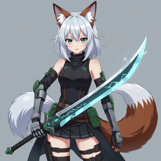 A pale teenage girl wearing black, has medium white hair, has large fox ears and a fluffy tail and a dark green and brown right robotic hand holding a sword of ice with a greyish background