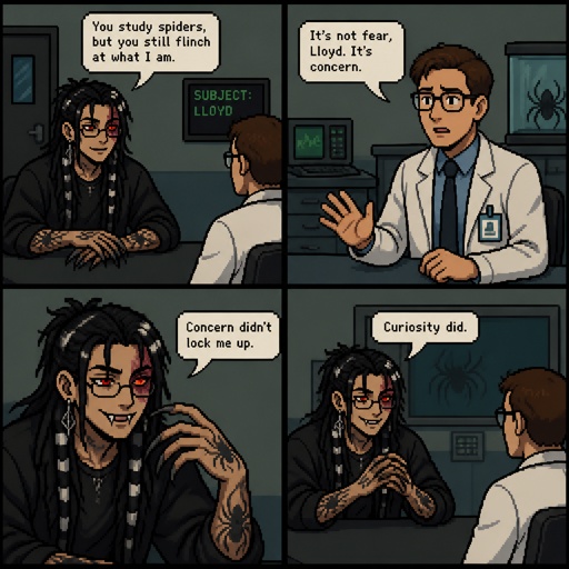 Anime white and Asian male,name is Lloyd,hair messy long braided black hair with white stripes,clean shaven,highly skilled,in late 20s,migraines,sarcastic,red glowing eyes,one eye is severely damaged,serious face,been unwillingly experiment on for many years until finally found and rescued ,has power of a spider and control spiders make traps poison and crawl on walls and ceiling dangerous,glasses,wears a loose jacket a nice fully covered shirt ,loves spiders, nice big earrings,a tattoos on left that means arachnid and on right arm a tattoo that says sub 389,doesn't remember anything from his past except the experiments, long scary fingers, spider fangs, traumatized,special agency is keeping an eye on him. Lloyd and a scientist having a conversation, scientist “do you know where you originally lived or any relatives” Lloyd “no… but why does that matter know? Who cares I don’t,there’s no point, I wouldn’t be recognized by them anyway”scientist”you don’t care to find out who you are?” Lloyd “no…I don’t” scientist “what else do you remember?” Lloyd staring of in the distance with a small look of fear in his eyes says “only the experiments”as a comic