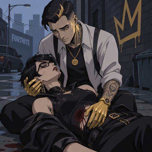 Midas from Fortnite holding Bayonetta from super smash bros short hair, she’s dead hurt, on the ground, both wearing casual clothes, Midas is sad, street background