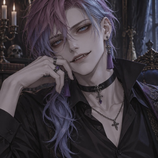 Male, pale, vampire, thin, light blue eyes, cheekbones, medium length brushed hair, all back hair over right shoulder,  bangs, pinkish purple and light blue hair gradient, tassel earrings, jewelry, black button up shirt with upturned collar , choker, smirk, eye bags