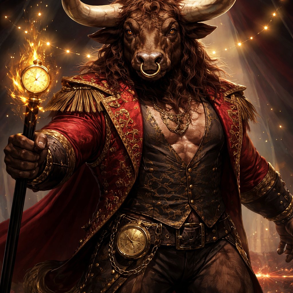 A male chestnut brown Minotaur with deep set cattle like brown eyes, large powerful gleaming horns like his fathers, a well~proportioned figure/body at lest 6 foot tall, long tail. He works at freak show as the ringmaster and his abilities are Reality Rejection, Time Manipulation (Chronokineses), Zoolingualism (Language of Cattle only), Human Speech. His mother is a human with half-animal (Cretan Cattle) physiology and his father is a Cretan Bull.
