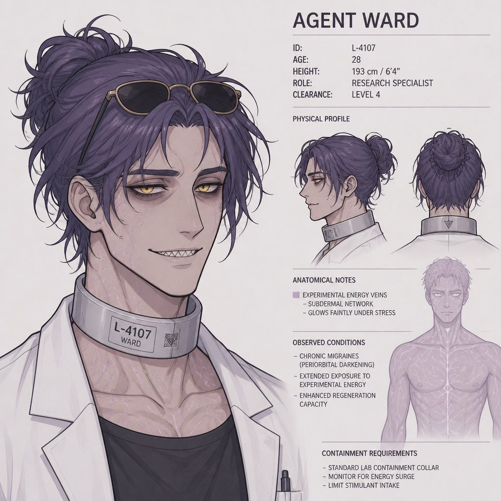 Anime style, Agent Ward,was made in a secret lab to be the best weapon and good at everything, highly skilled in many things,has to be kept in check by the facility and have an emergency backup in case he gets out of control, Wards hair is in a messy loose bun hair color violet, he is clean shaven, has yellow night vision eyes, sharp teeth,he wears sunglasses on his head, has a dark power energy from the experiments,the best agent, he's in his late 20s, tired, tall, eyes are sensitive to light,easily gets migraines, likes making jokes, sassy,reckless mischievous and dangerous,grins, hates being told what to do, intimidating, laugh like a maniac cares about his partner ruby rose