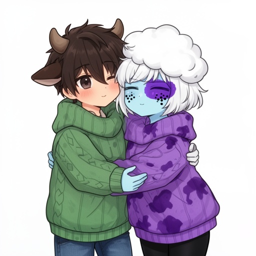 Two characters hugging wearing matching sweaters. The boy has a green one and the girl has a purple one. The boy has dark brown hair, small horns and cute cow ears. He is a little taller than the girl and usually has a blank expression but blushes a lot around her( he is also wearing jeans) the girl is wearing a matching purple sweater ( both are oversized) , her skin is baby blue with purple patches and she has a soft cloud shaped poof of white hair that covers her eyes. She is also wearing black leggings.  She has cute blushing cheeks and two small black dots on each .A purple patch covers right side of her face. 