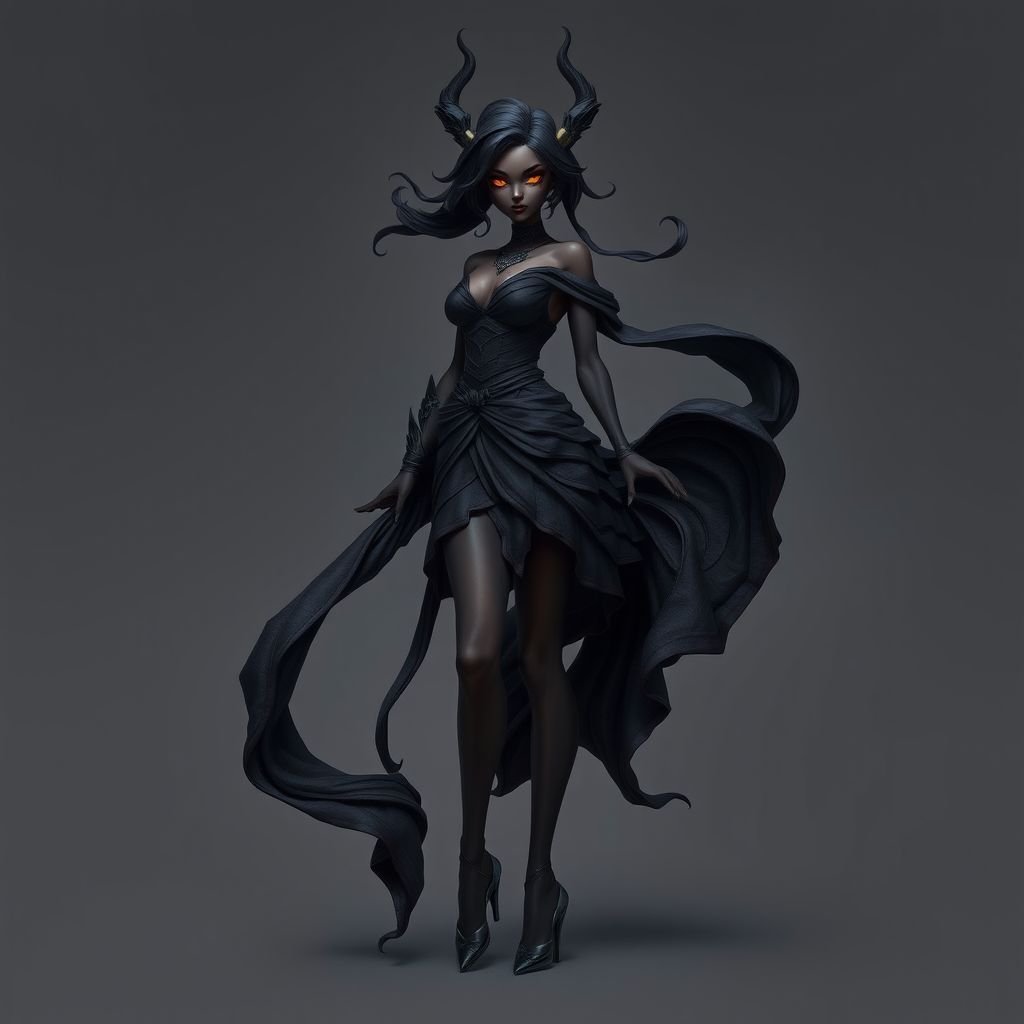 Create character hero Veyra of Shadows – A lithe, mysterious black decent woman draped in layered black silks that move like smoke around her. With jet-black hair. Show her whole body head to toe including her shoes.