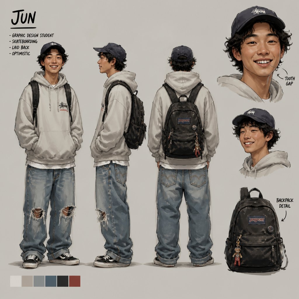 Male, Asian, curly hair, wearing cap, smiling, tooth gap, hoodie, ripped jeans, backpack, multiple of the same character