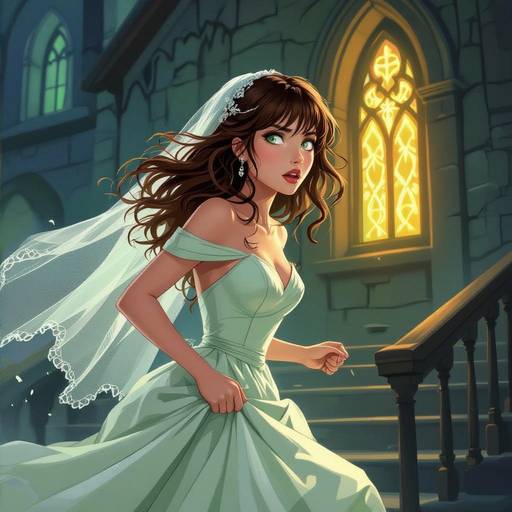 Młoda kobieta. Brązowe, długie, falowane włosy. Grzywka. Zielone, jasne, duże oczy. Wąskie usta. Blada cera. Pyzata, okrągła twarz.
Ubrana w jasną, zieloną suknie ślubną. Welon na głowie. Jest w trakcie ucieczki z kościoła. Zbiega po schodach, trzymając suknie, by się nie potknąć. Ucieka po schodach. W tle kościół z którego ucieka. Biegnie w bok ekranu. Patrzy za sobą. Odwraca wzrok w kierunku kościoła. Akcja w ruchu. Musi wyglądać jakby biegła. Schody bokiem ustawione do kamery. Kobieta bokiem do kamery. Odwraca głowę w kierunku kościoła. Kobieta jest wystraszona. Jej wzrok ucieka. 
