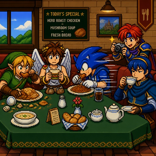 Super smash brothers link from legend of Zelda, pit from kid Icarus, and sonic the hedgehog as a human,Marth from fire emblem,Roy from fire emblem, in a restaurant Sonic eating really fast,link eating like a slob and pit just holding his sandwich being weirded out, Roy taking a picture of everyone, and Marth holding tea looking annoyed