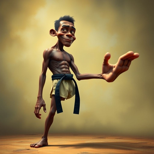 Create a character who looks like a funny African karate guy who doesn’t have a clue what he is doing. Make him have weird toes, only speedos on and a black karate belt. Make him tall skinny and slinky.