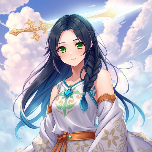 A mildly pale teenage girl. Two-piece goddess-like clothing, glowing emerald eyes, hair as black as coal with cyan tips tied up in a long plait weighed down by a legendary sword, levitating above the clouds
