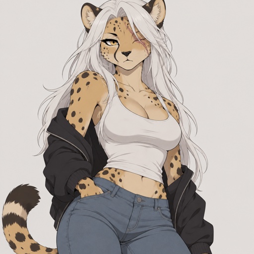 Female cheetah furry, missing left eye,long white hair,tank top , jeans, jacket